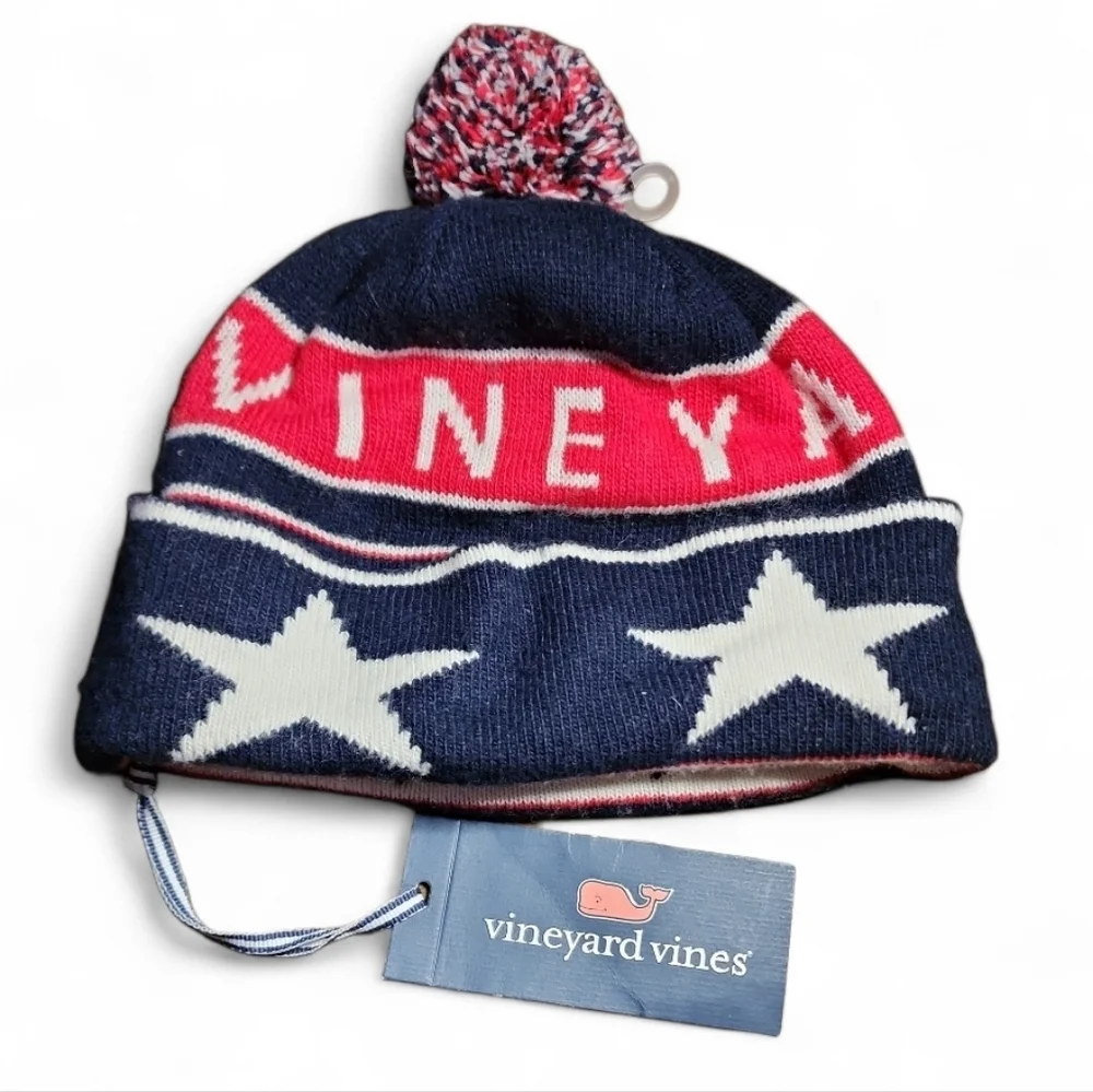 VINEYARD VINES Red White Blue Knit Winter Hat Unisex One Size Boys Stars Lined